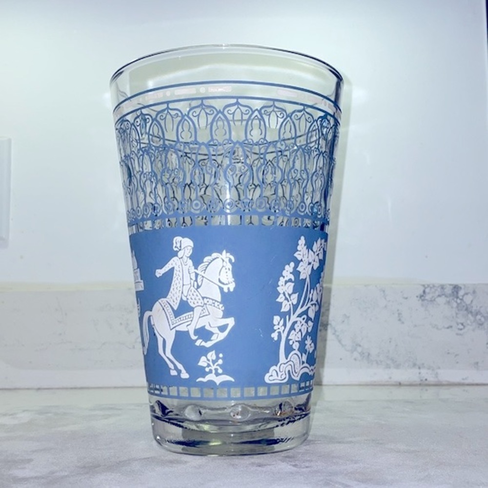 Arabian Knights Scene Optic Etched Glass Vase Hazel Atlas Vintage Wedgewood Blue
